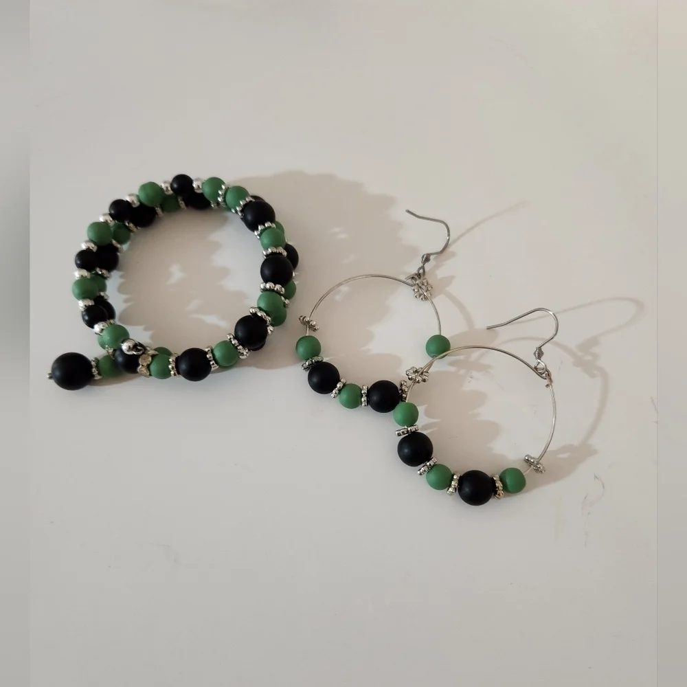 Hand Crafted Black and Green Beaded Jewelry Set Wrapped Bracelet Hoop Earrings